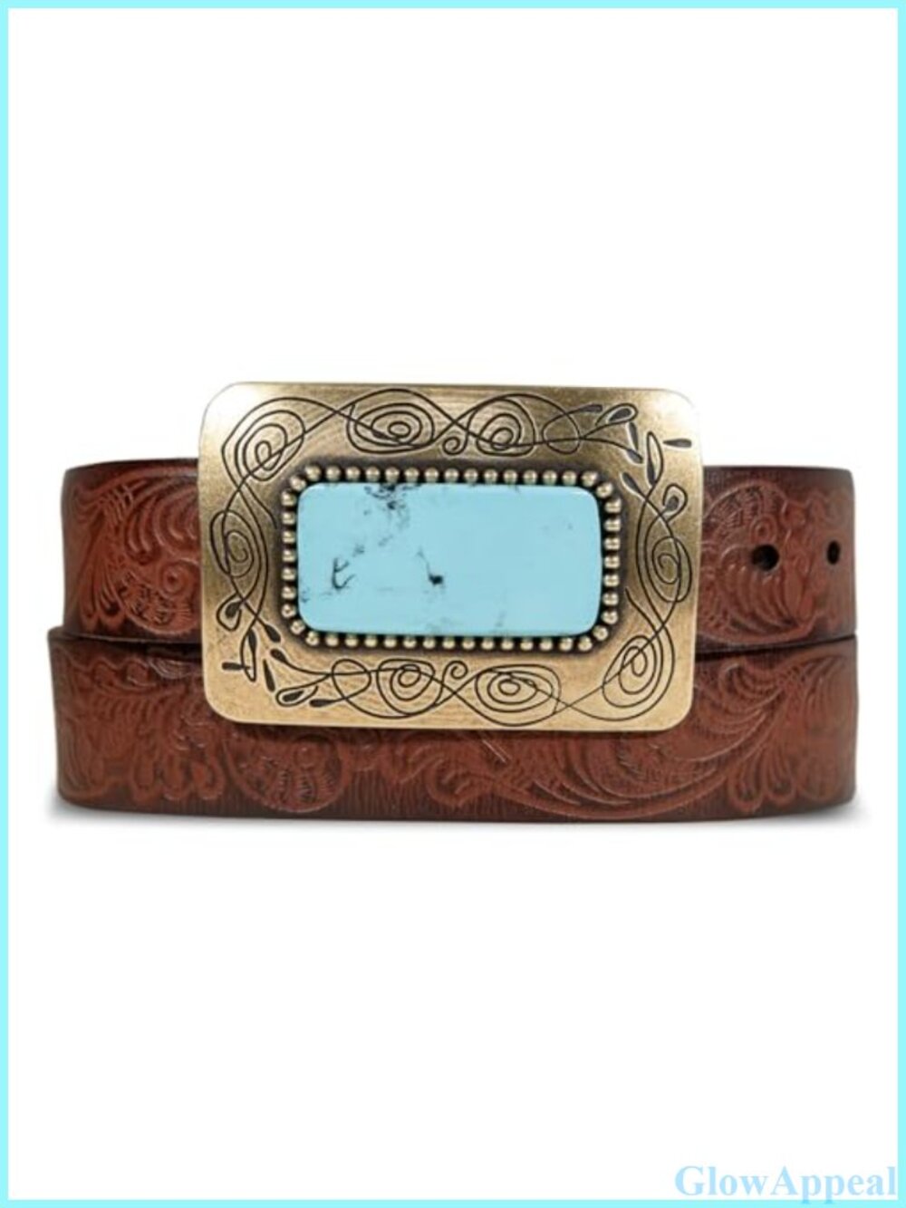 Genuine Leather Western Belt Embossed Plaque Buckle Turquoise Stone 1 3/8"
